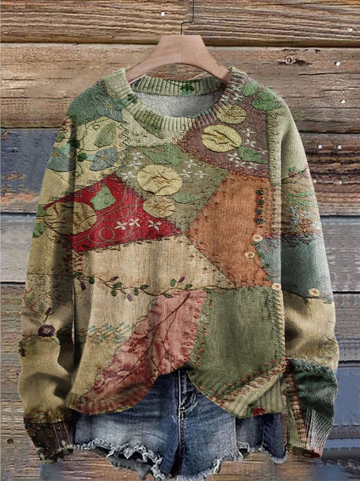 Retro Patchwork Print Knit Pullover Sweater