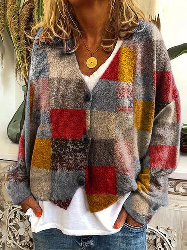 Retro Geometry Print Buttoned Casual Cardigan Sweater