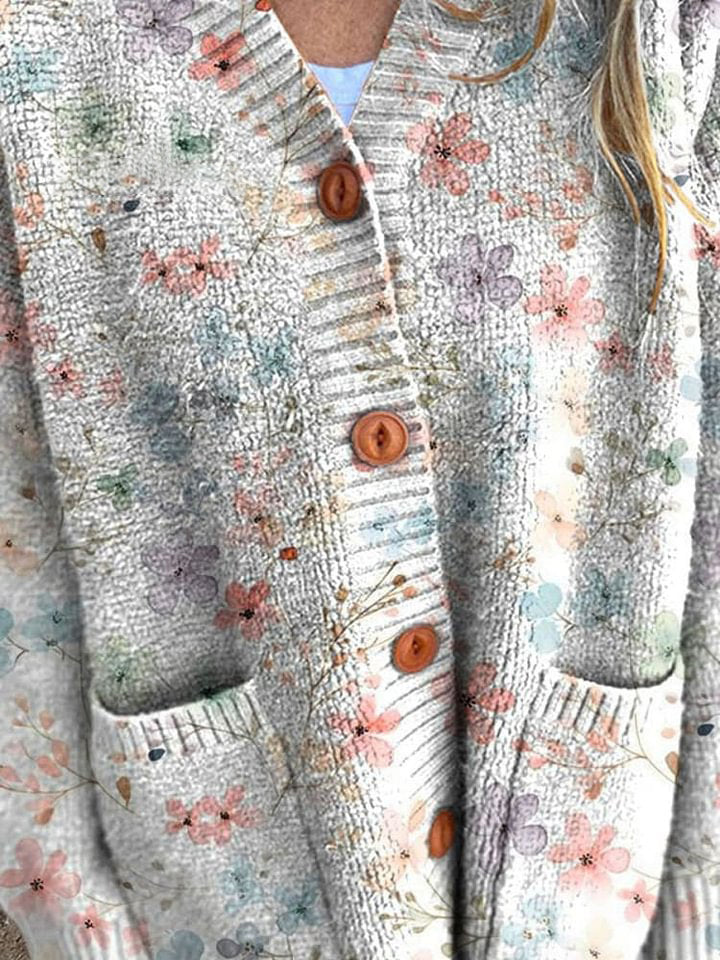 Lovely Floral Art Print Buttoned Cardigan Sweater