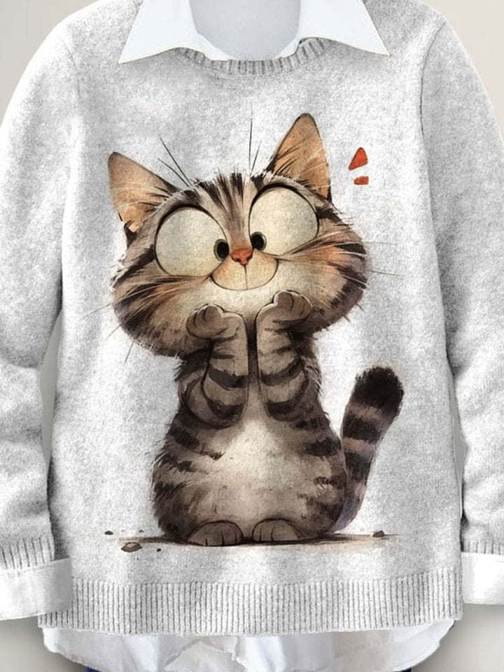 Cute Cat Art Print Knit Pullover Sweater