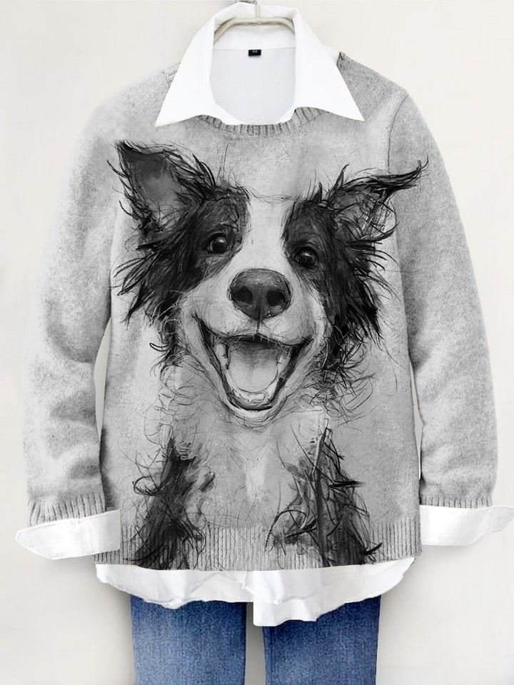 Cute Dog Hand-painted Art Print Knit Pullover Sweater