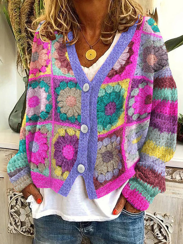 Floral Print Buttoned Casual Cardigan Sweater