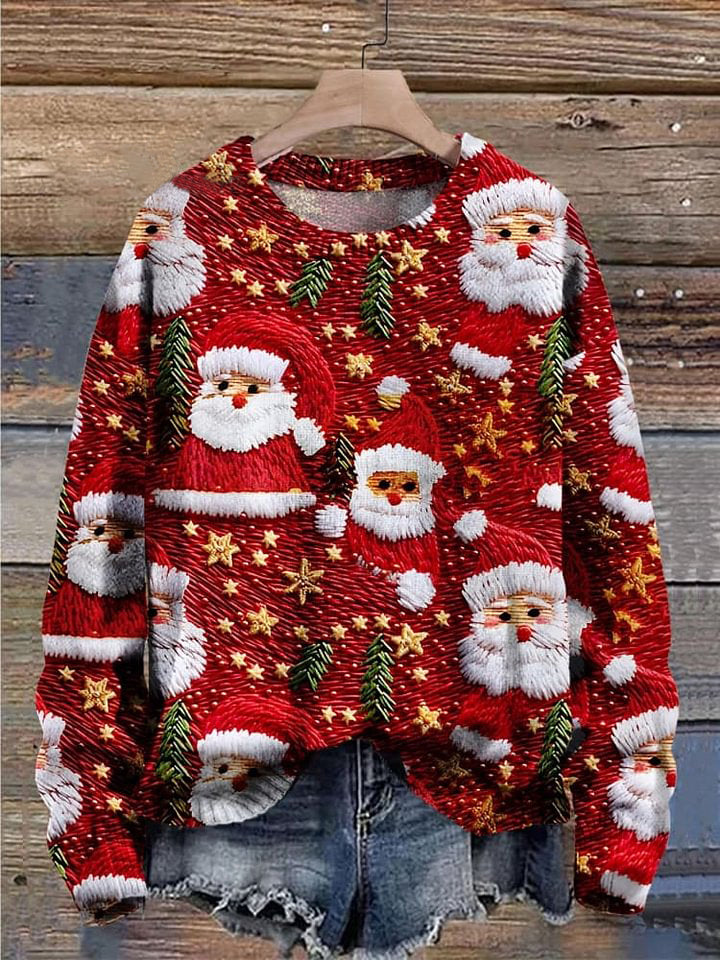 Santa Christmas Art Print Knit Pullover Sweater