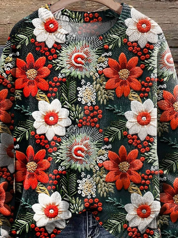 Christmas Red and Green Print Knit Pullover Sweater