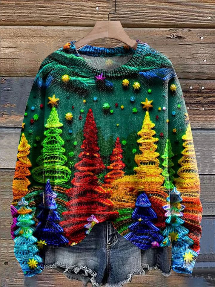 Rainbow Color Christmas Tree Print Knit Pullover Sweater