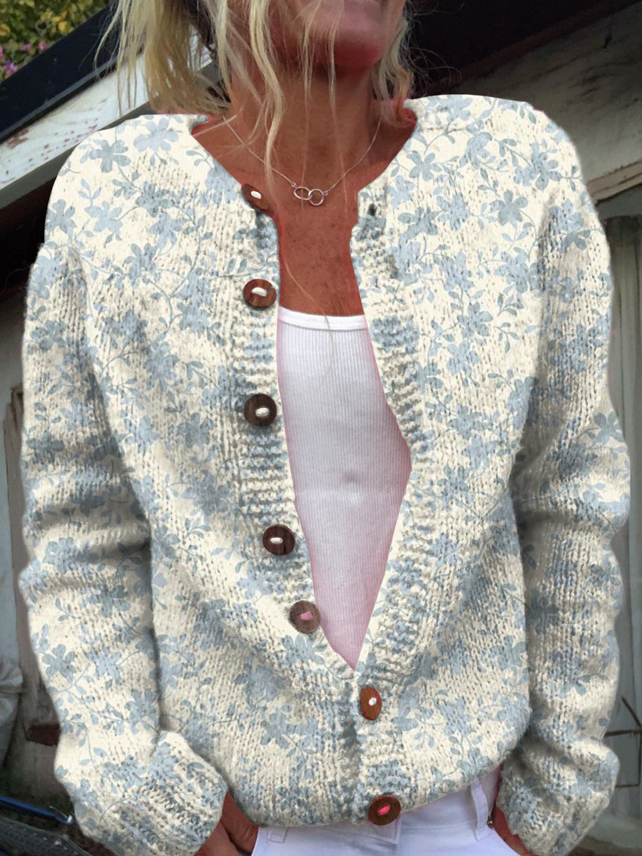 Women's Retro Art Floral Print Buttoned Cardigan Sweater