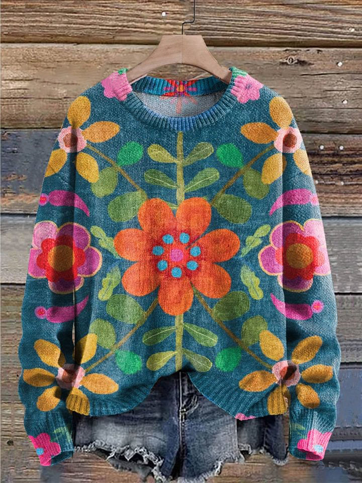 Retro Floral Print Knit Pullover Sweater