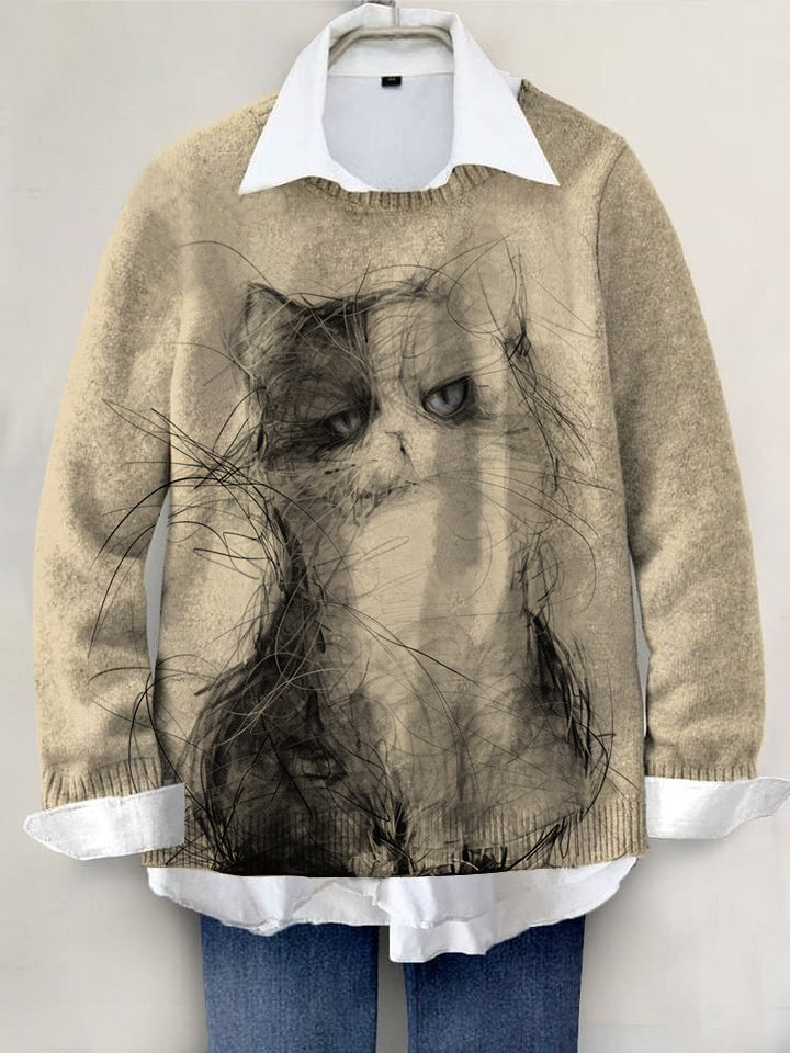 Cute Cat Hand-painted Art Print Knit Pullover Sweater