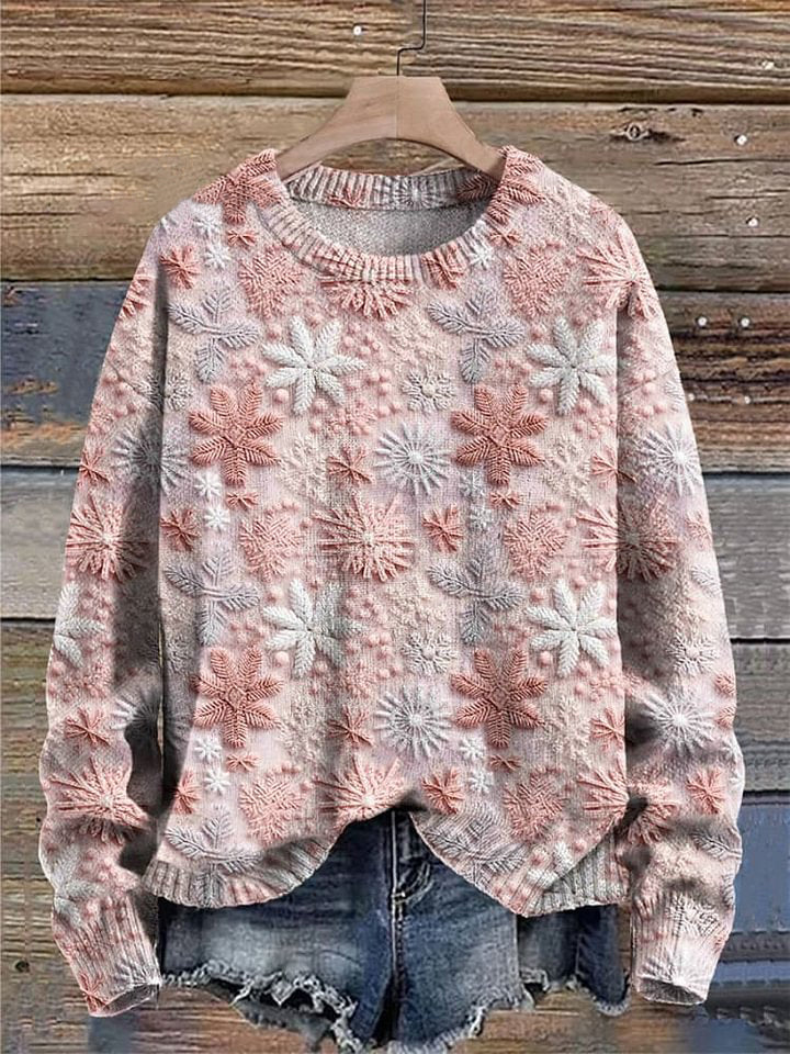 Snowflakes Pink Christmas Pastel Winter Print Knit Pullover Sweater