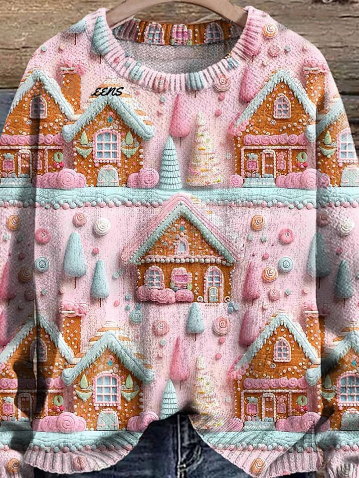 Pink Gingerbread Cookie House Pastel Cookie House Pink Christmas Village Print Knit Pullover Sweater