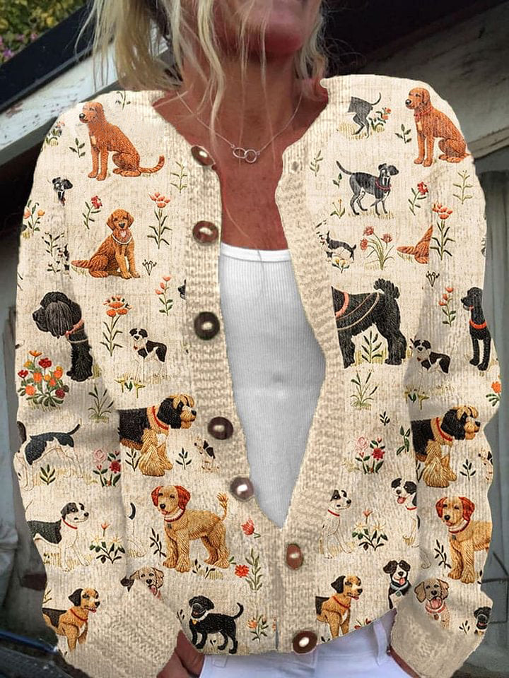 Women's Dog Floral Pattern Cozy Knit Cardigan