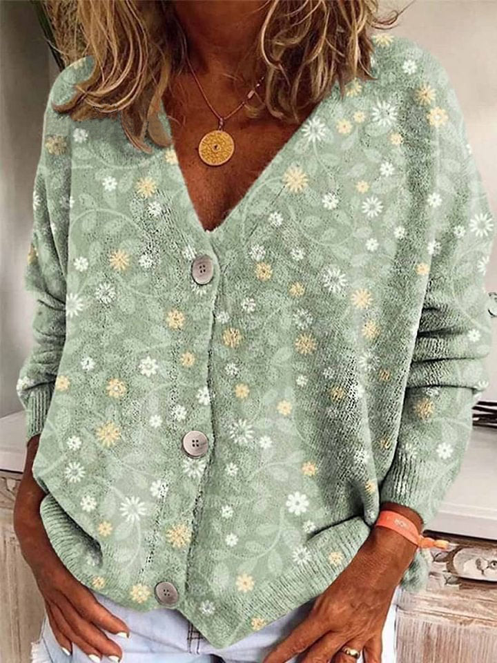 Ladies Floral V-neck Long Sleeve Button Casual Cardigan