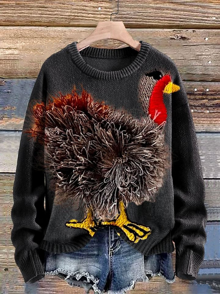 Funny Turkey Art Print Knit Pullover Sweater