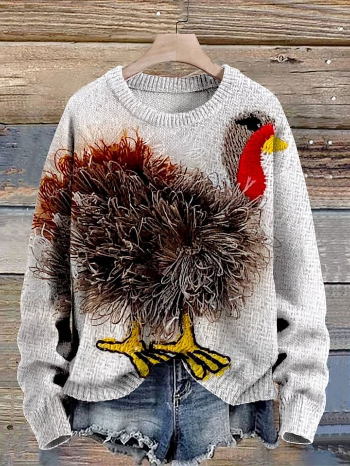 Funny Turkey Art Print Knit Pullover Sweater