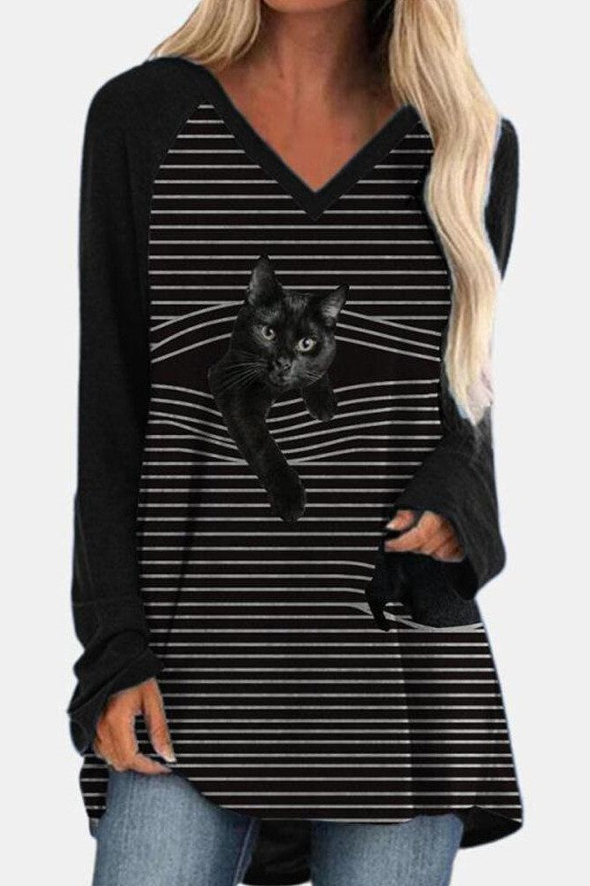 Stripe Cat Print V-neck Long Sleeves Sweatshirt