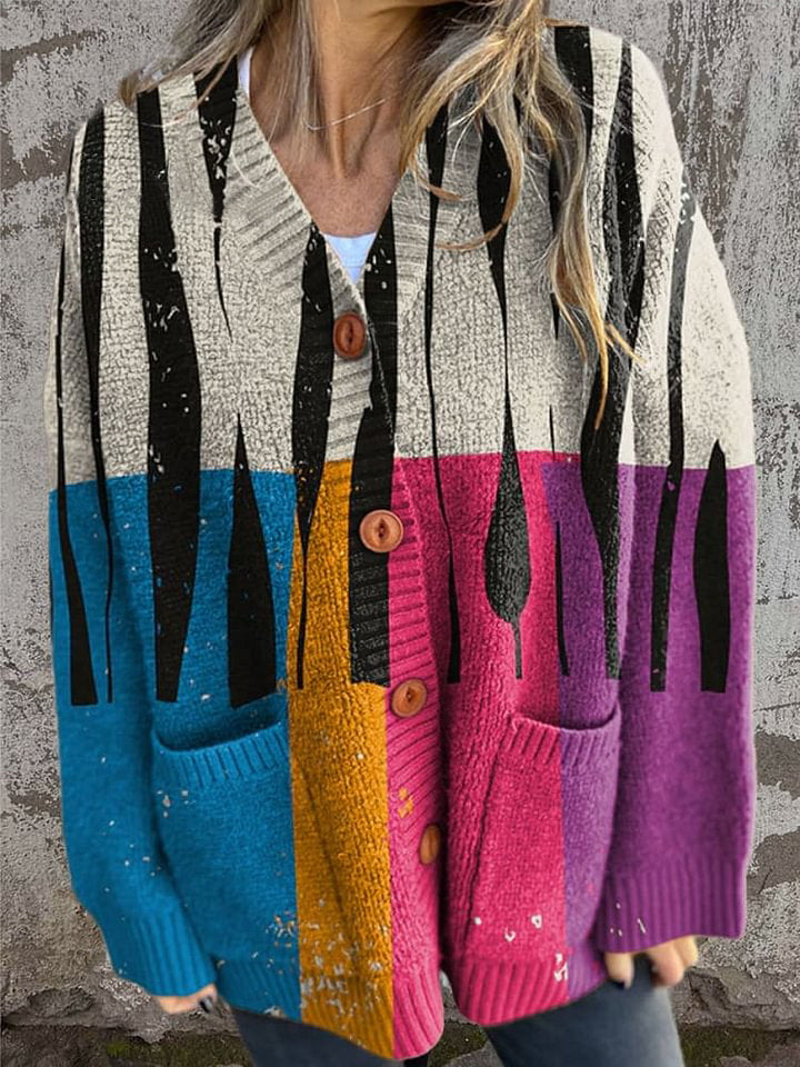 Neon Mid-Century Modern Abstract Art Print Buttoned Cardigan Sweater