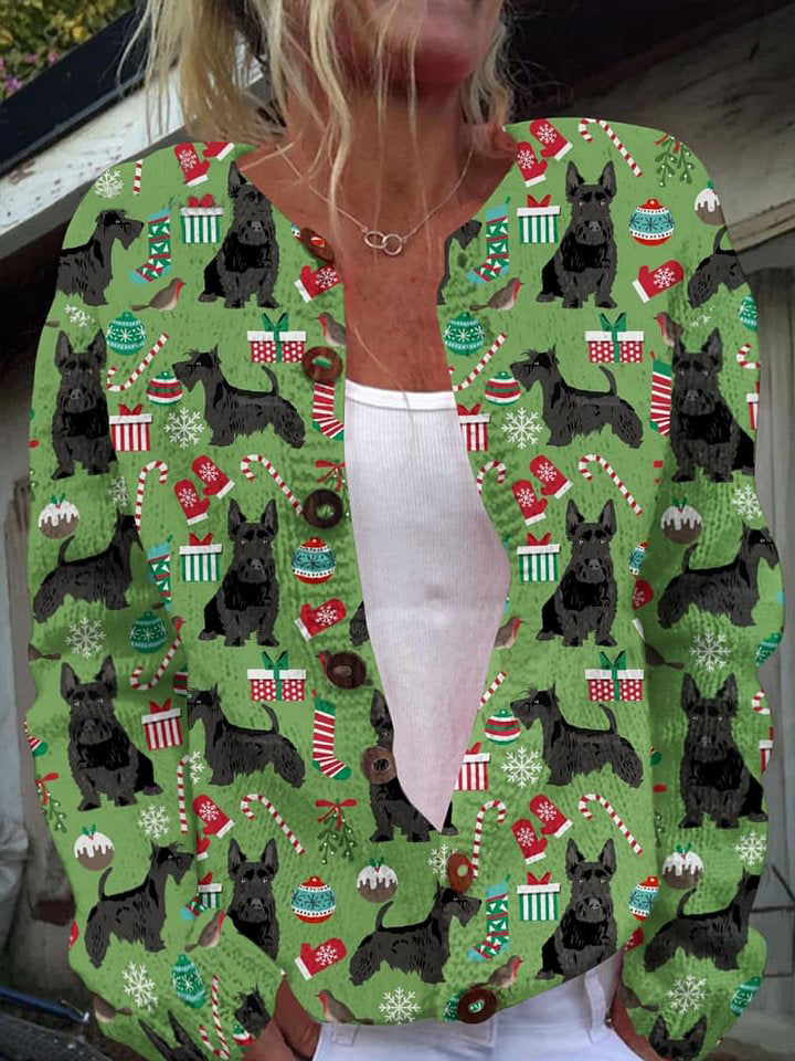 Dog Art Print Long Sleeve Knitted Cardigan