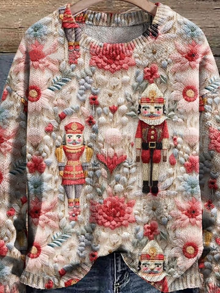 Nutckracker Winter Christmas Print Knit Pullover Sweater