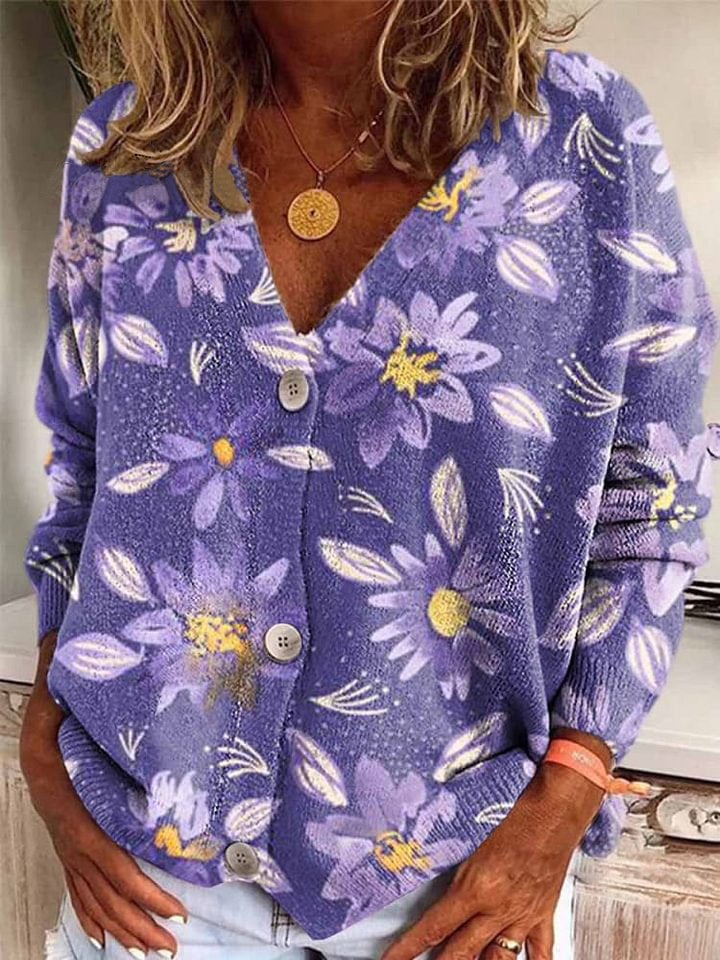 Daisy Print V Neck Long Sleeve Button Casual Cardigan