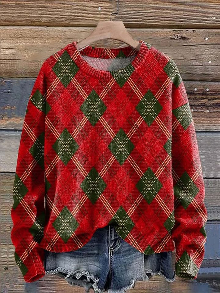 Merry Christmas Diamond lattice Print Knit Pullover Sweater