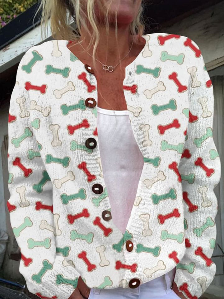 Dog Bone Art Print Knitted Cardigan Sweater