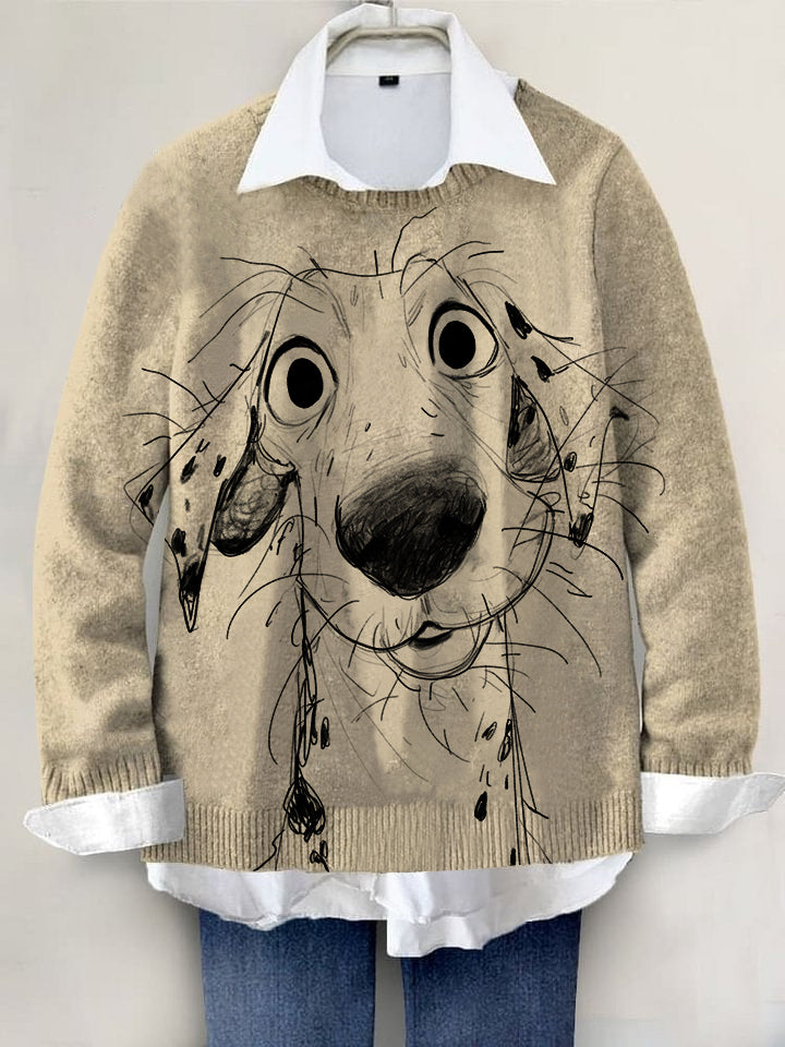 Cute Dog Hand-painted Art Print Knit Pullover Sweater