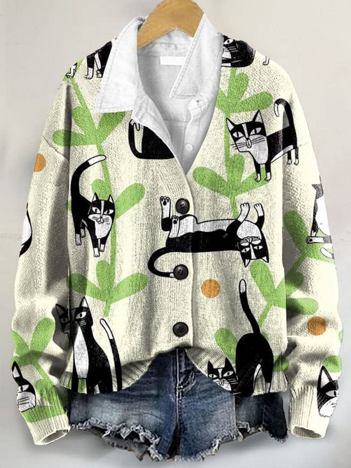Cute Cat Art Print Buttoned V-neck Cardigan Sweater