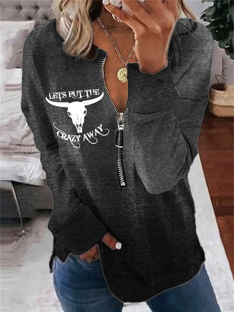 Bull print round neck half zipper gray long sleeved sweatshirt