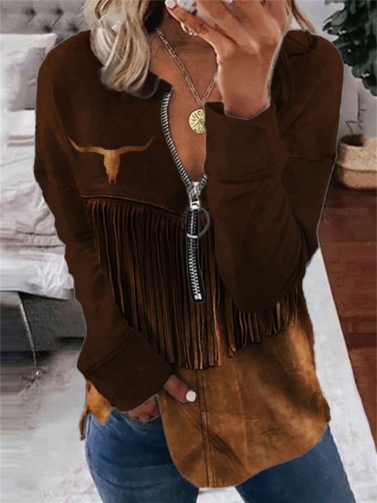 Brown tassel cow print round neck half zip long sleeved sweatshirt