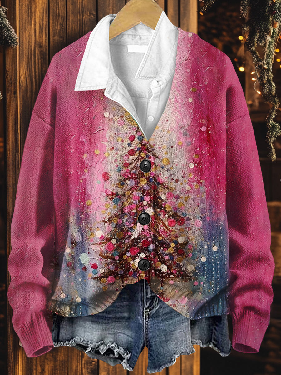 Christmas Tree Art Print Button V-Neck Cardigan Sweater