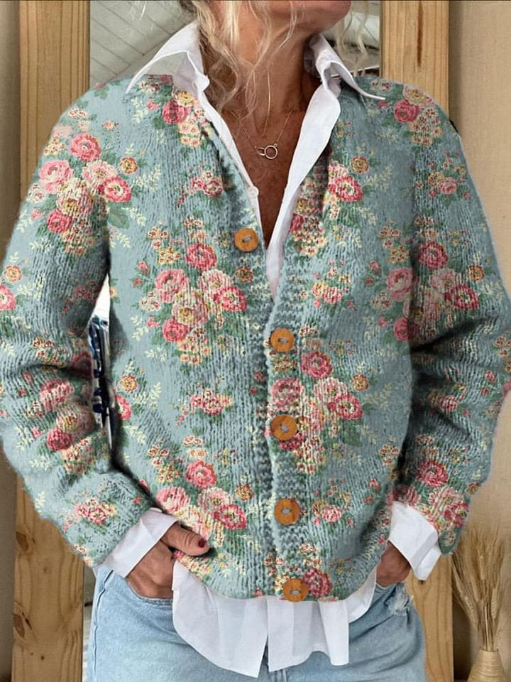 Romantic French Rose Pattern Printed Buttoned Cardigan Sweater