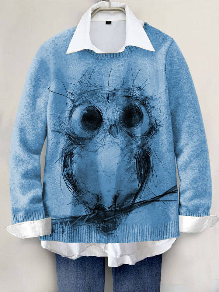 Owl Hand-painted Art Print Knit Pullover Sweater