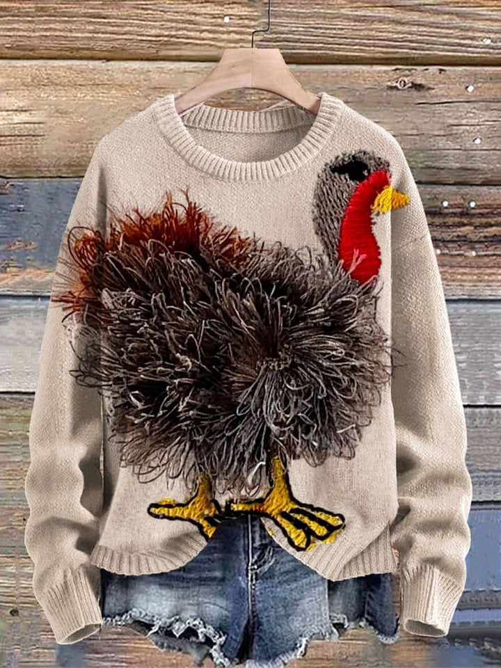 Funny Turkey Art Print Knit Pullover Sweater