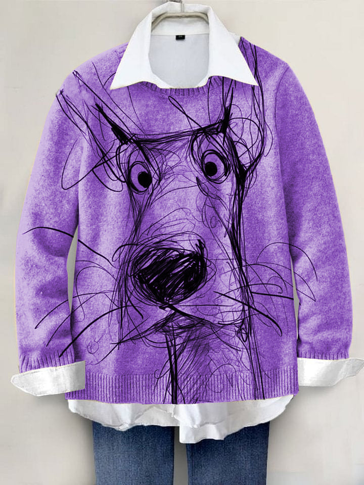 Cute Dog Hand-painted Art Print Knit Pullover Sweater