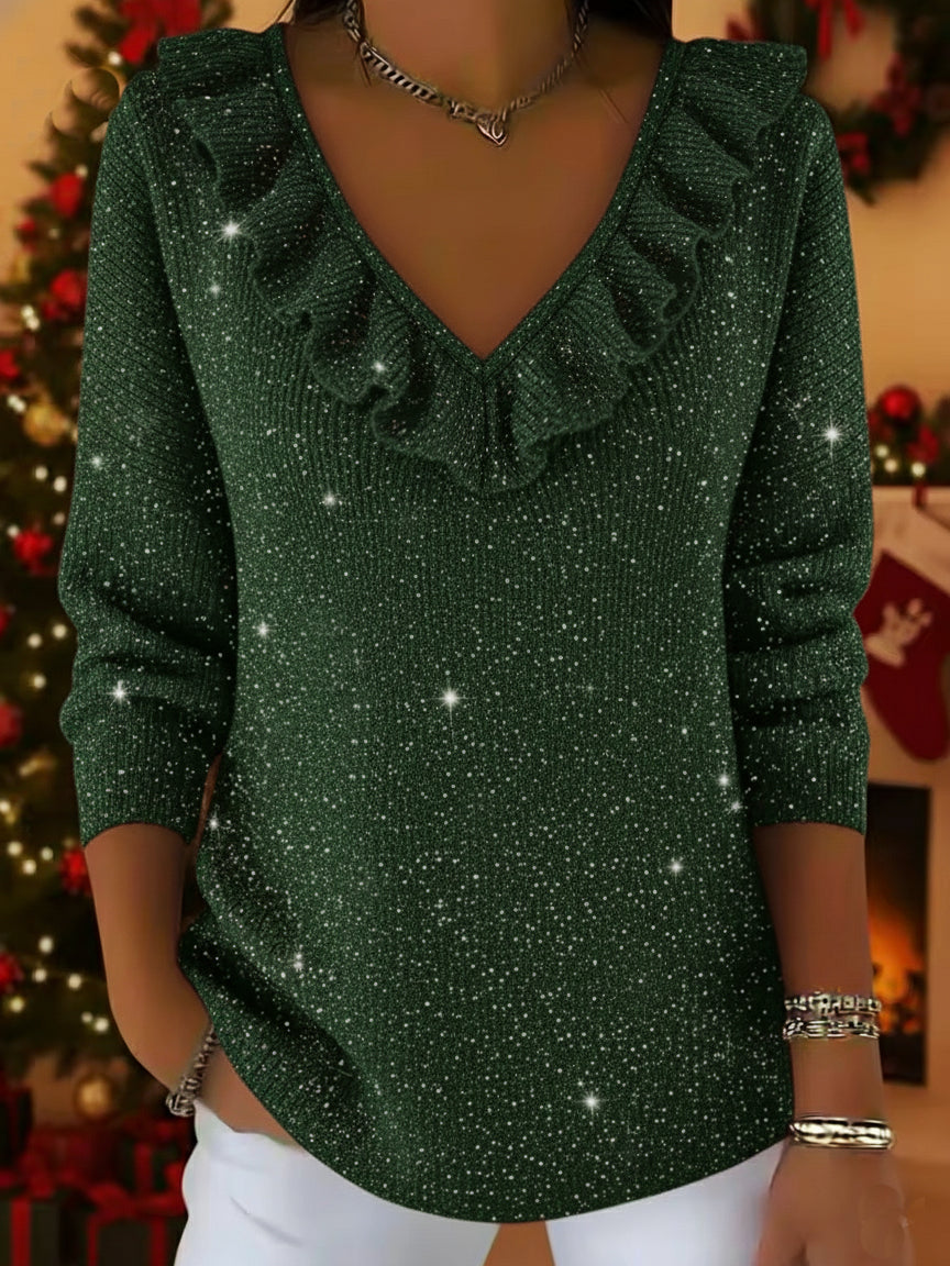 Christmas Elegant V-neck Ruffled Sparkly Sweater Top