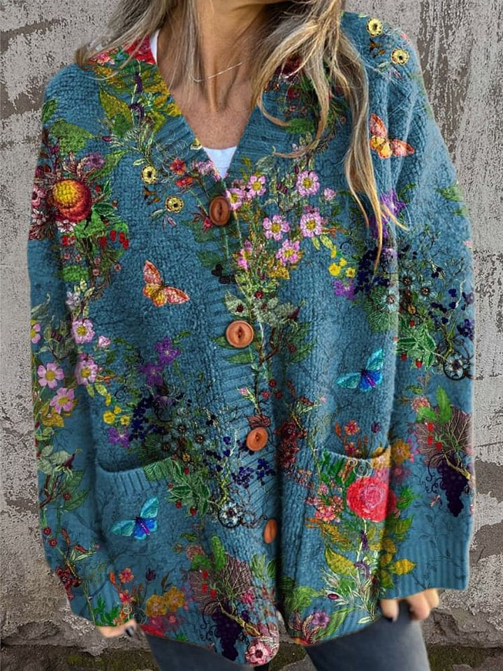 Vintage Lovely Floral Art Print Buttoned Cardigan Sweater