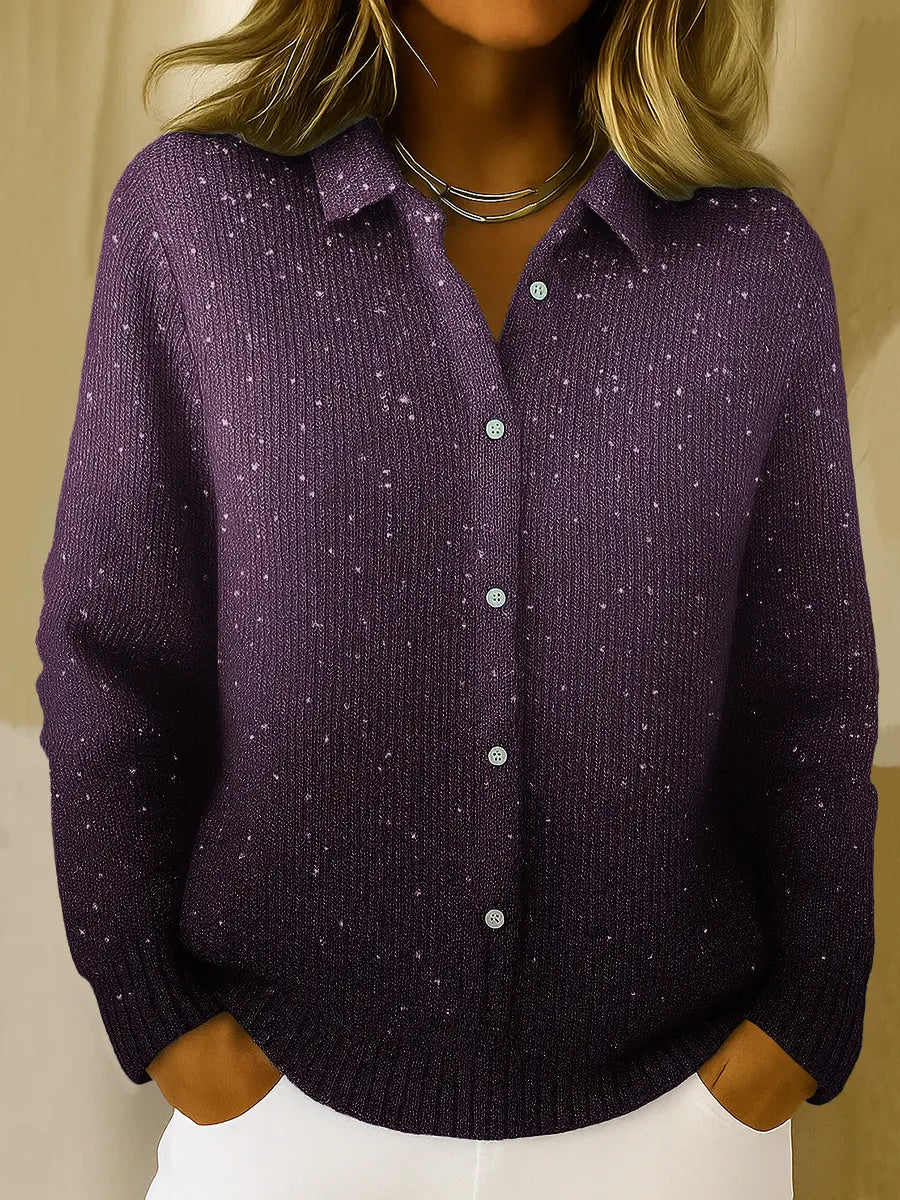 Women's Gradient Print Collared Long Sleeve Casual Loose Sequined Knit Cardigan