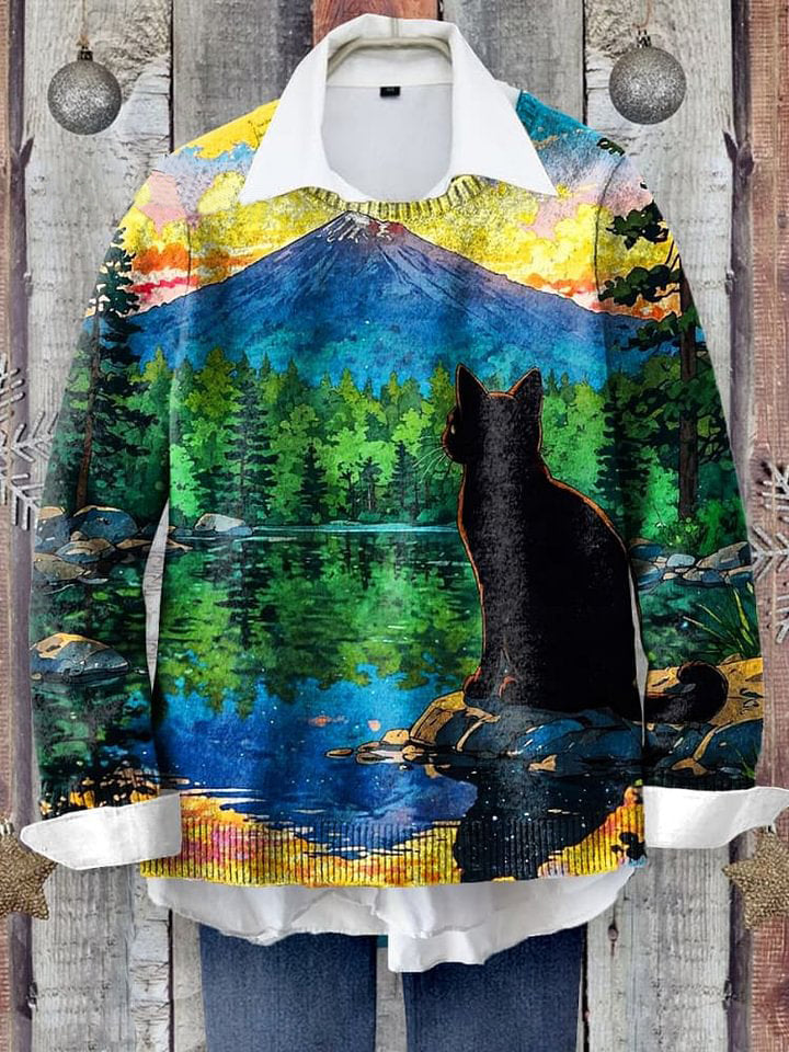 Cute Cat Art Print Knit Pullover Sweater