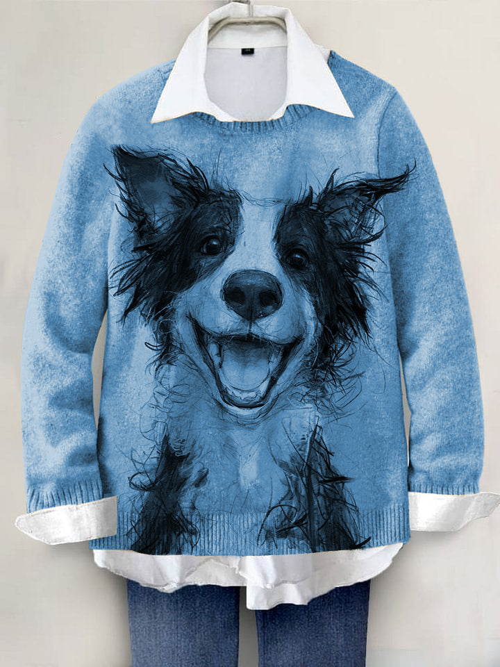 Cute Dog Hand-painted Art Print Knit Pullover Sweater