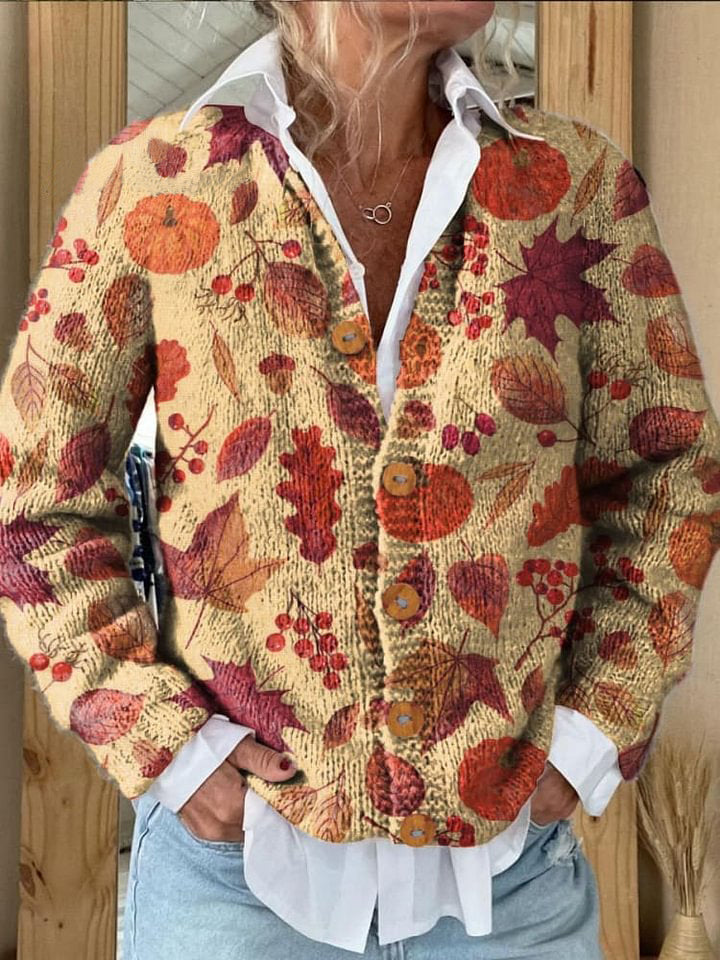 Women's Vintage Autumn Floral Art Print Buttoned Cardigan Sweater