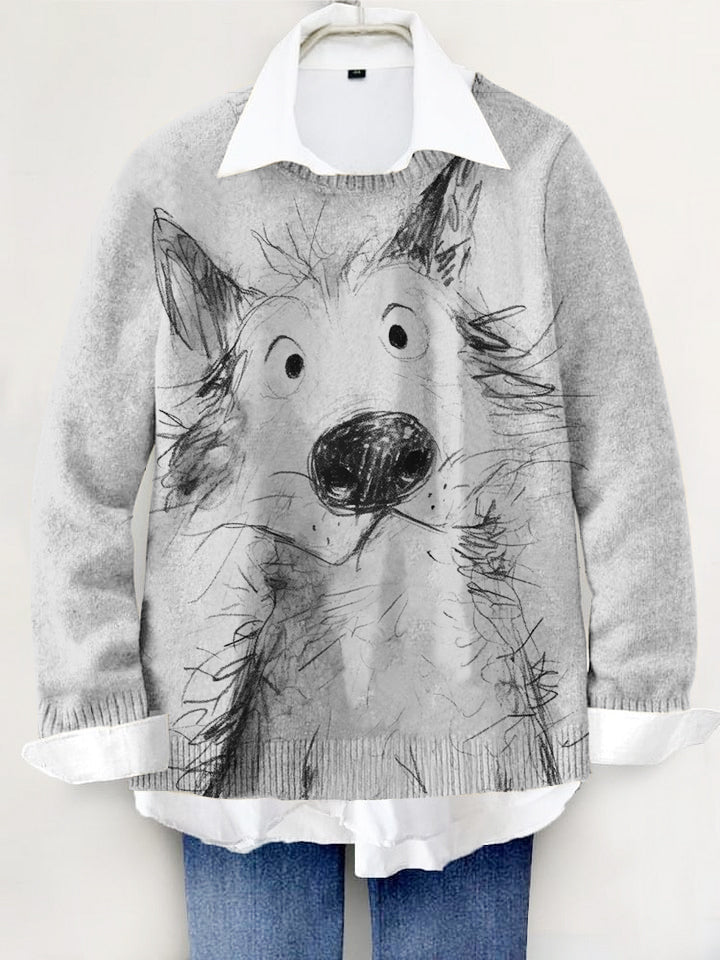 Cute Dog Hand-painted Art Print Knit Pullover Sweater