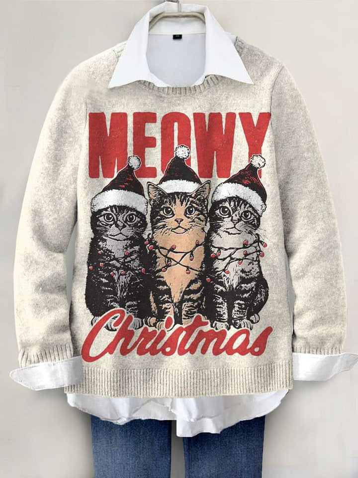 Meowy Christmas Funny Cat Lover Art Print Knit Pullover Sweater
