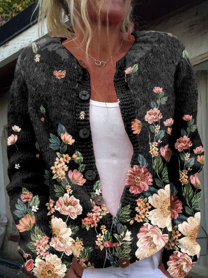 Floral Print Buttoned Casual Cardigan Sweater