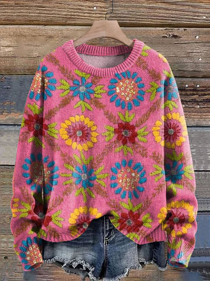 Women's Retro Cute Floral Graphic Print Knit Pullover Sweater