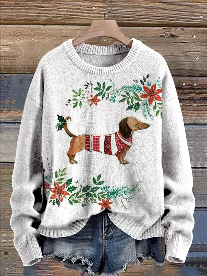 Christmas Dachshund Dog Print Knit Pullover Sweater