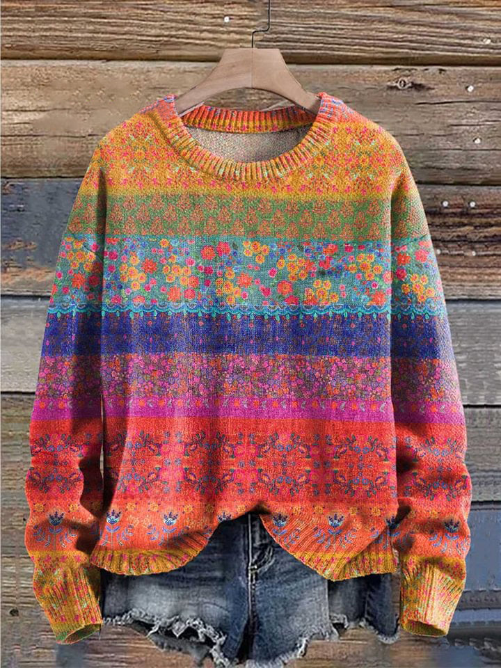 Colorful Stripes Floral Print Knit Pullover Sweater