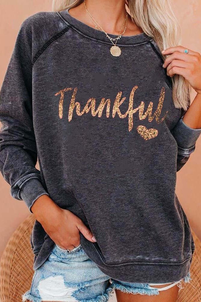 Thankful Print Round Neck Long Sleeves Sweatshirt