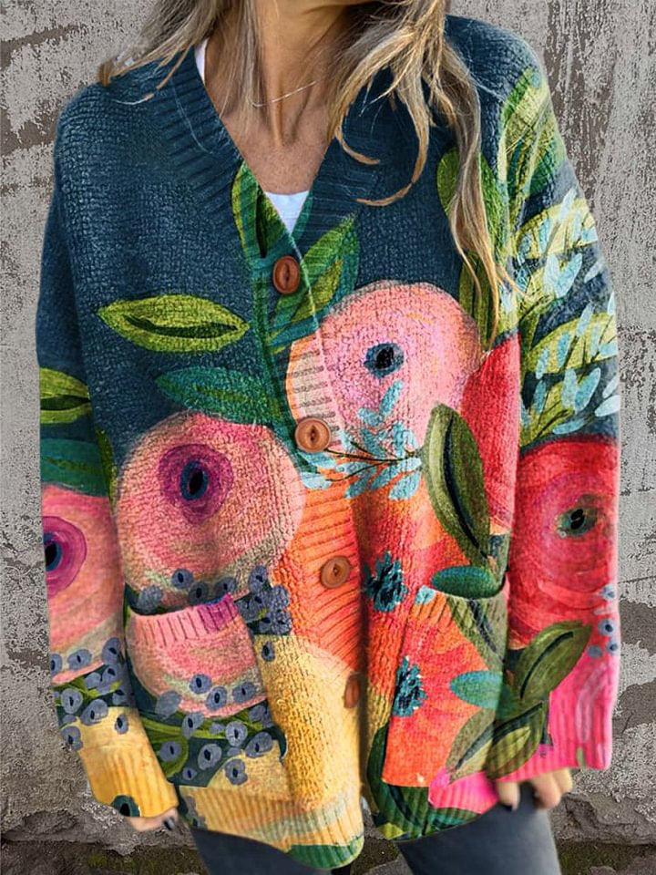 Retro Flower Art Print Buttoned Cardigan Sweater