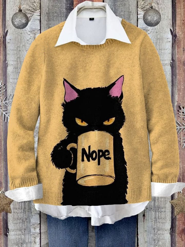 Nope Funny Black Cat Attitude Art Print Knit Pullover Sweater