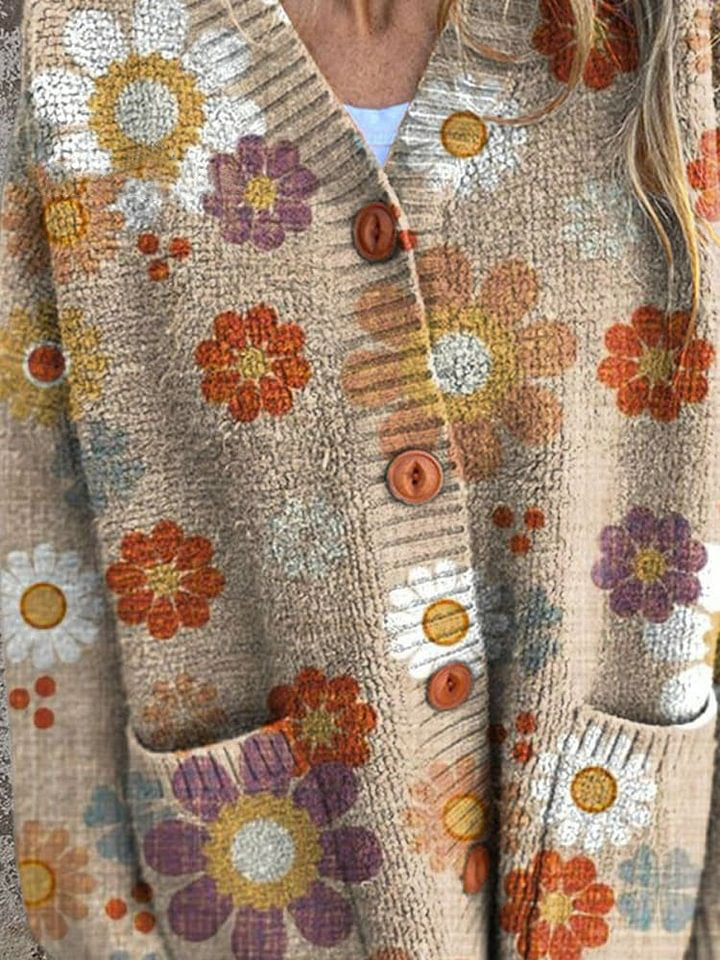Vintage Lovely Floral Art Print Buttoned Cardigan Sweater